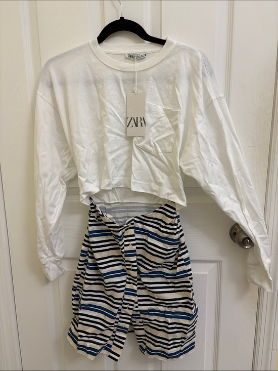 Zara Dresses & Skirts - ZARA White Cropped Long Sleeve Top with Navy and Cream Striped Button Skirt